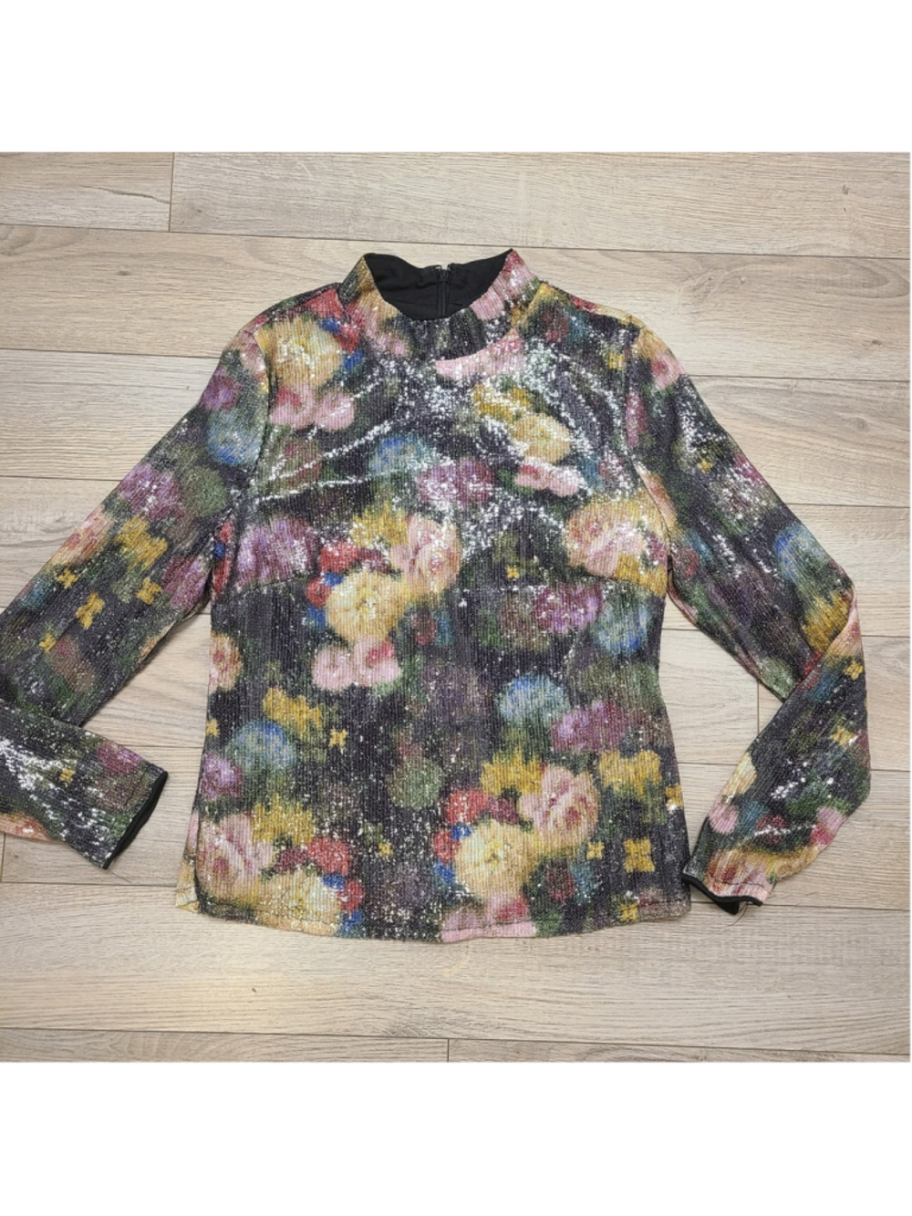 Nicole Miller Floral Sequin Mock Neck Long Sleeve Top Shimmer Blouse Size Small